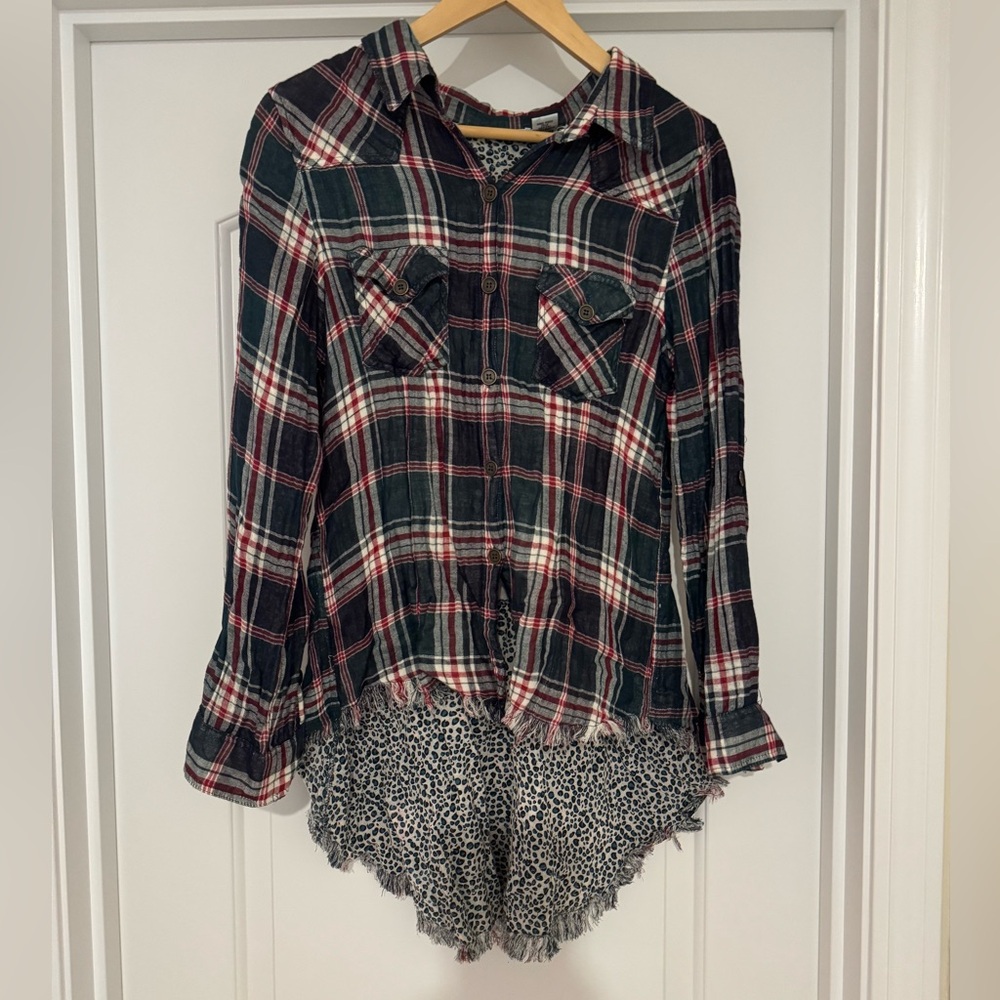 Nostalgia Red Plaid Shirt with Blue Leopard Detail